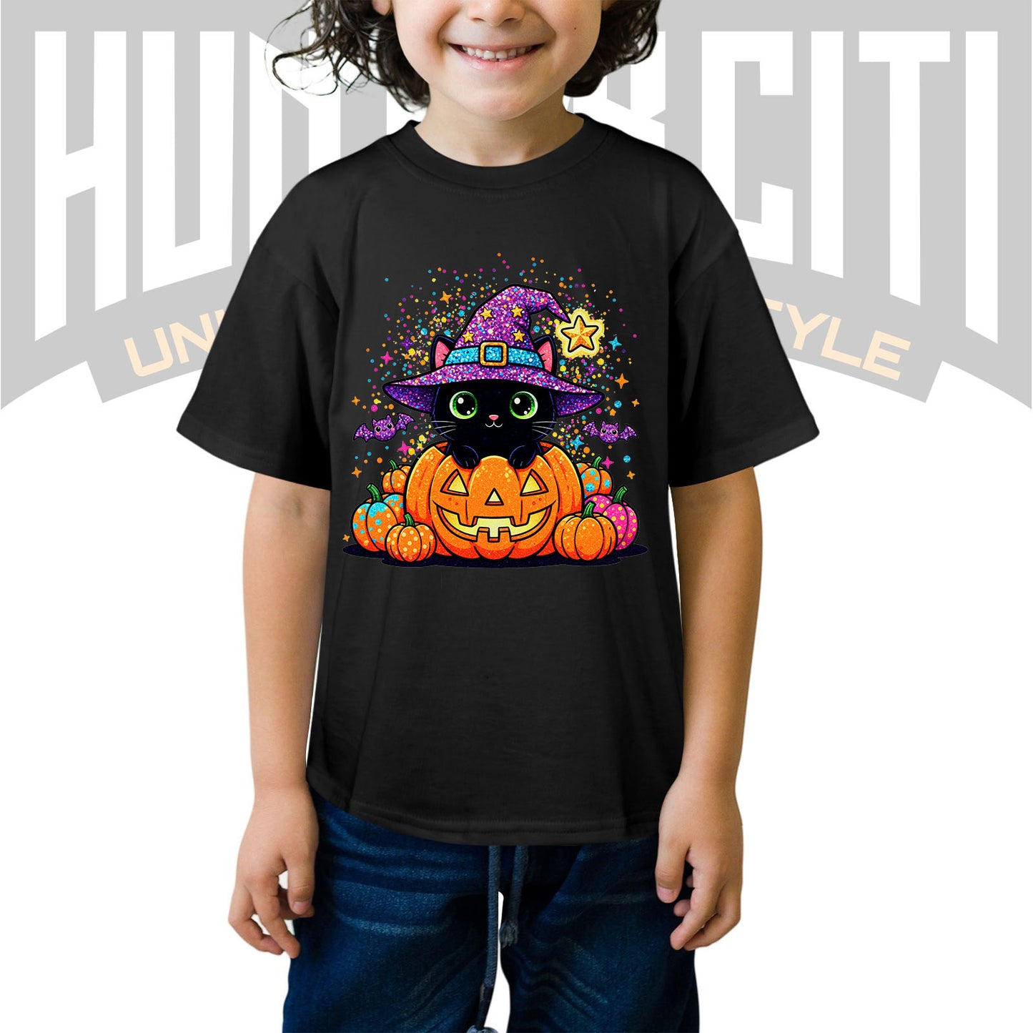 Cute Black Cat Halloween Shirt for Kids – Glitter Halloween T Shirt - Halloween Cat Shirt