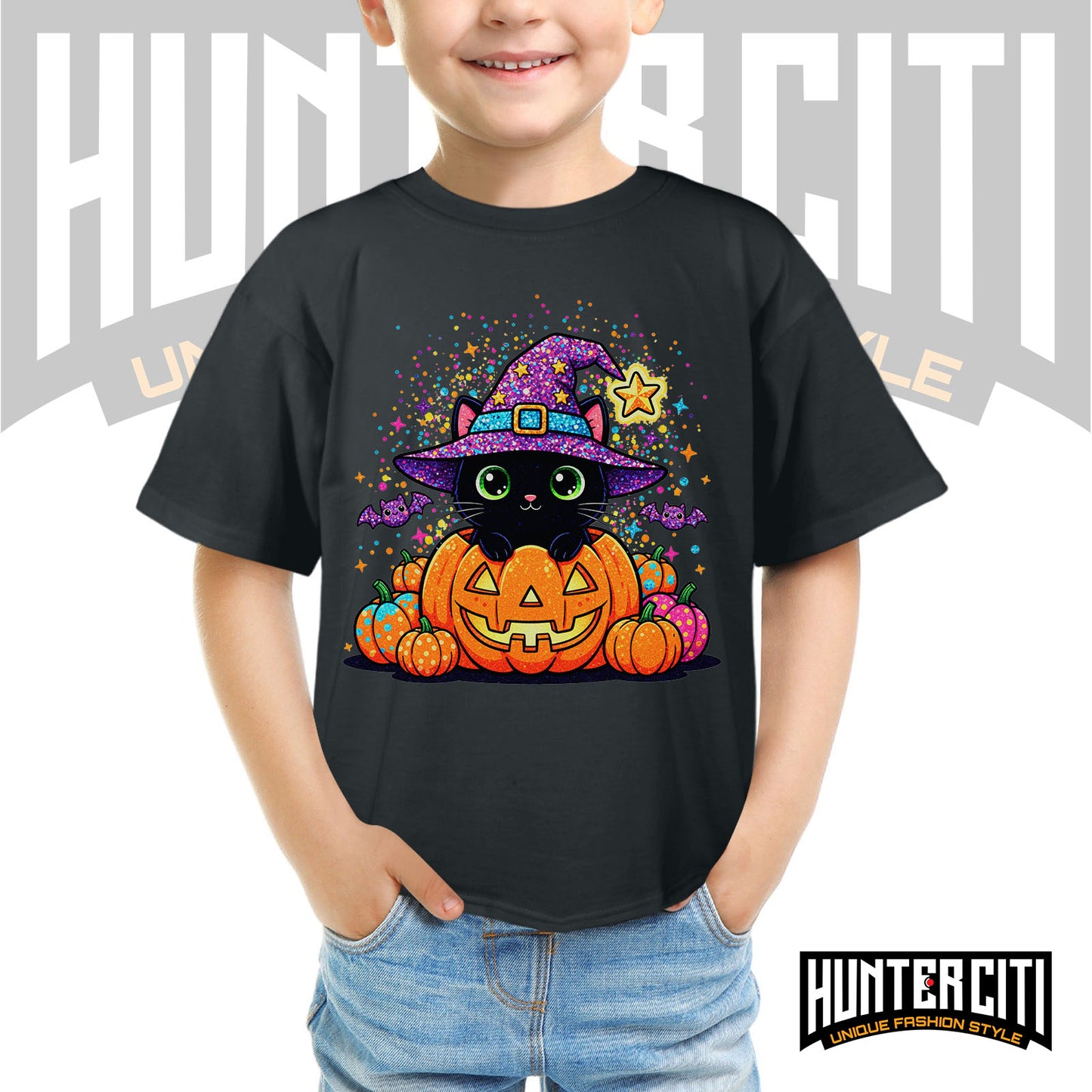 Cute Black Cat Halloween Shirt for Kids – Glitter Halloween T Shirt - Halloween Cat Shirt